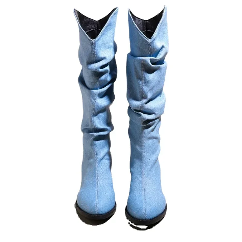 Denim Knee High Cowboy Boots for Women  Autumn Pleated Chunky Heels Long Boots Woman Pointed Toe Low Heel Botas Mujer 2024