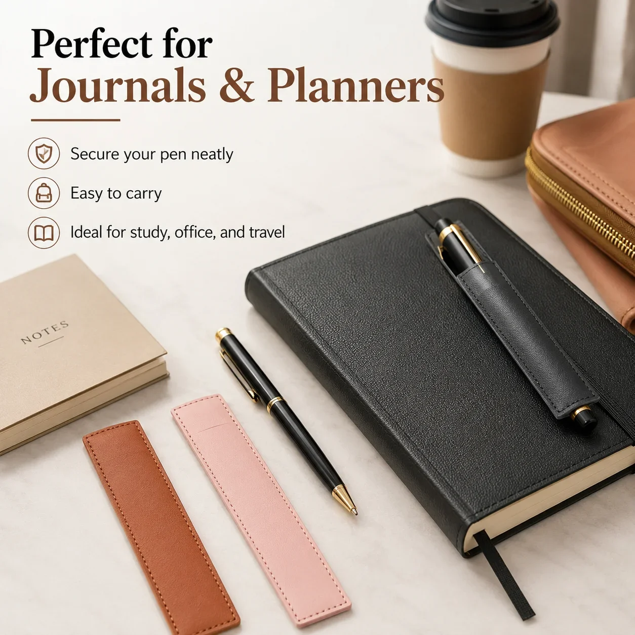 Book Style Pen Case PU Leather Elastic Holder with Strap for Stationery Organizer