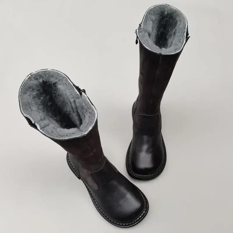 Winter Sheepskin Boots Wide Toe Women's Shoes Natural Wool Genuine Leather Long Noses Knight Boots Knee-high Zipper Flat Boots