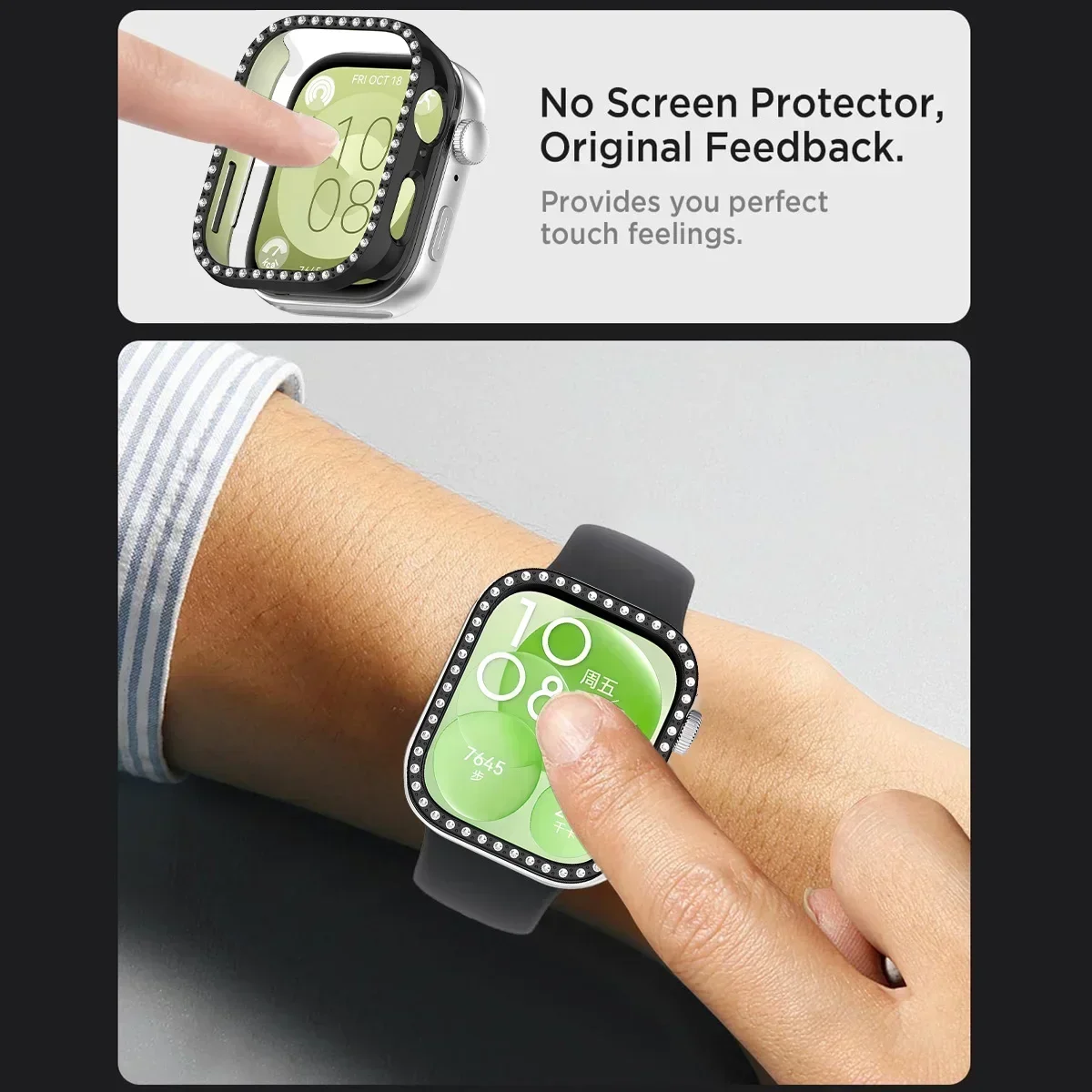 Custodia per PC Bling per Huawei Watch Fit 3 Fascia protettiva per cinturino per orologio con copertura protettiva per PC in cristallo di diamante a doppia fila