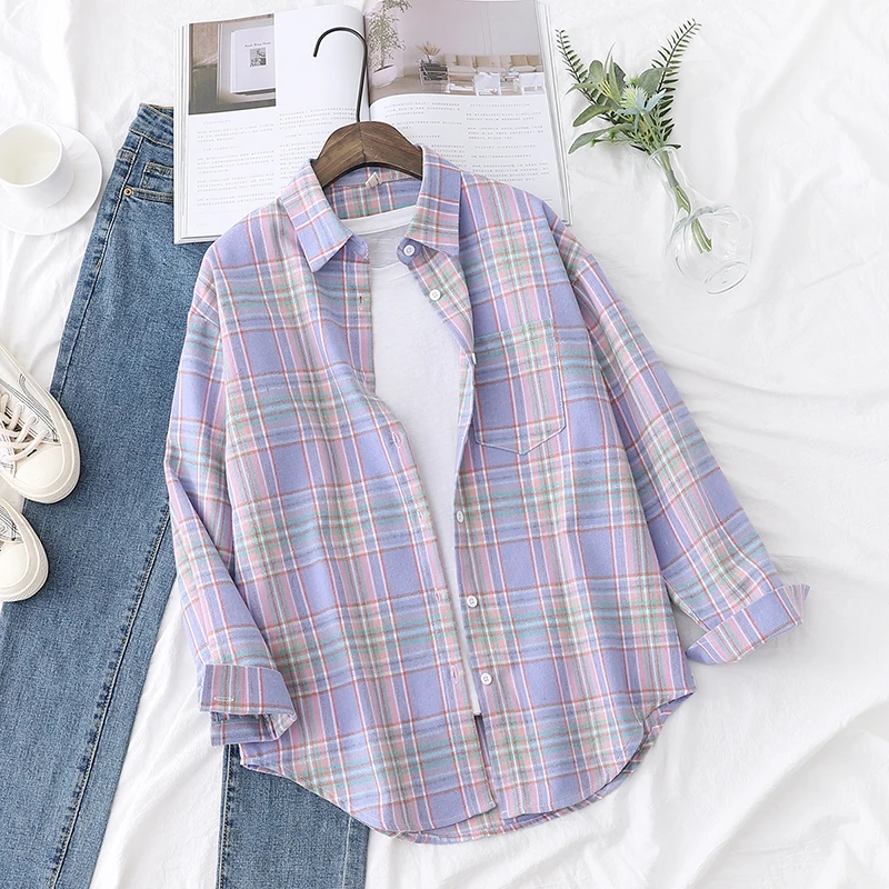 2023 New Loose Casual Women Plaid Shirt Fresh College Style Long Sleeve Blouses And Tops Ladies Fine Flannel Check Shirt Clothes