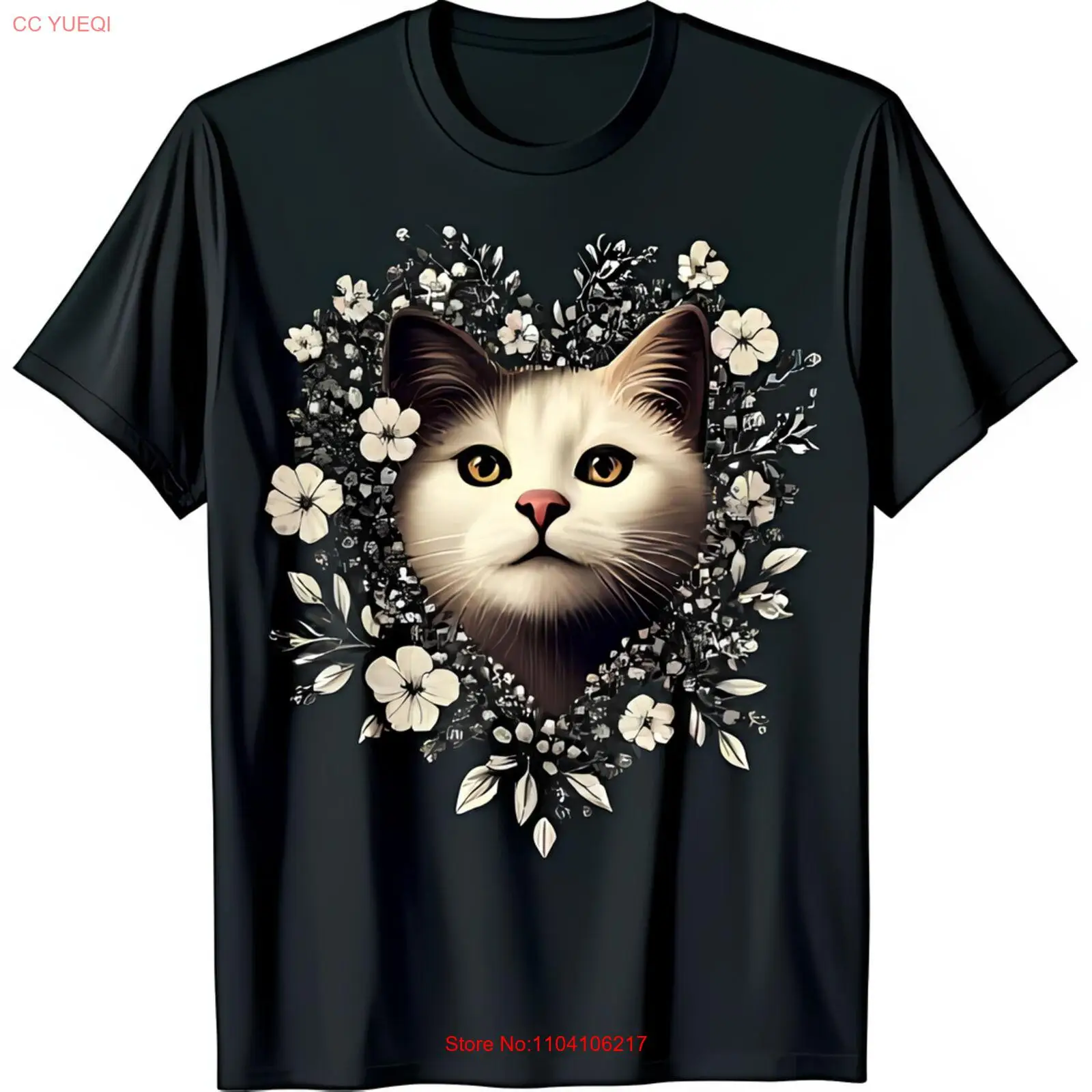 

Очаровательная черная футболка с рисунком белого кошачьего лица и цветочным венком
