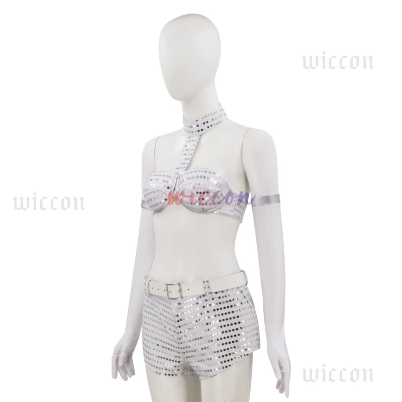 Costume de cosplay de robot de film og Powers pour femmes, haut sexy, soutien-gorge, objectifs imbibés, tenue de performance sur scène, fête d'Halloween, vêtements argentés