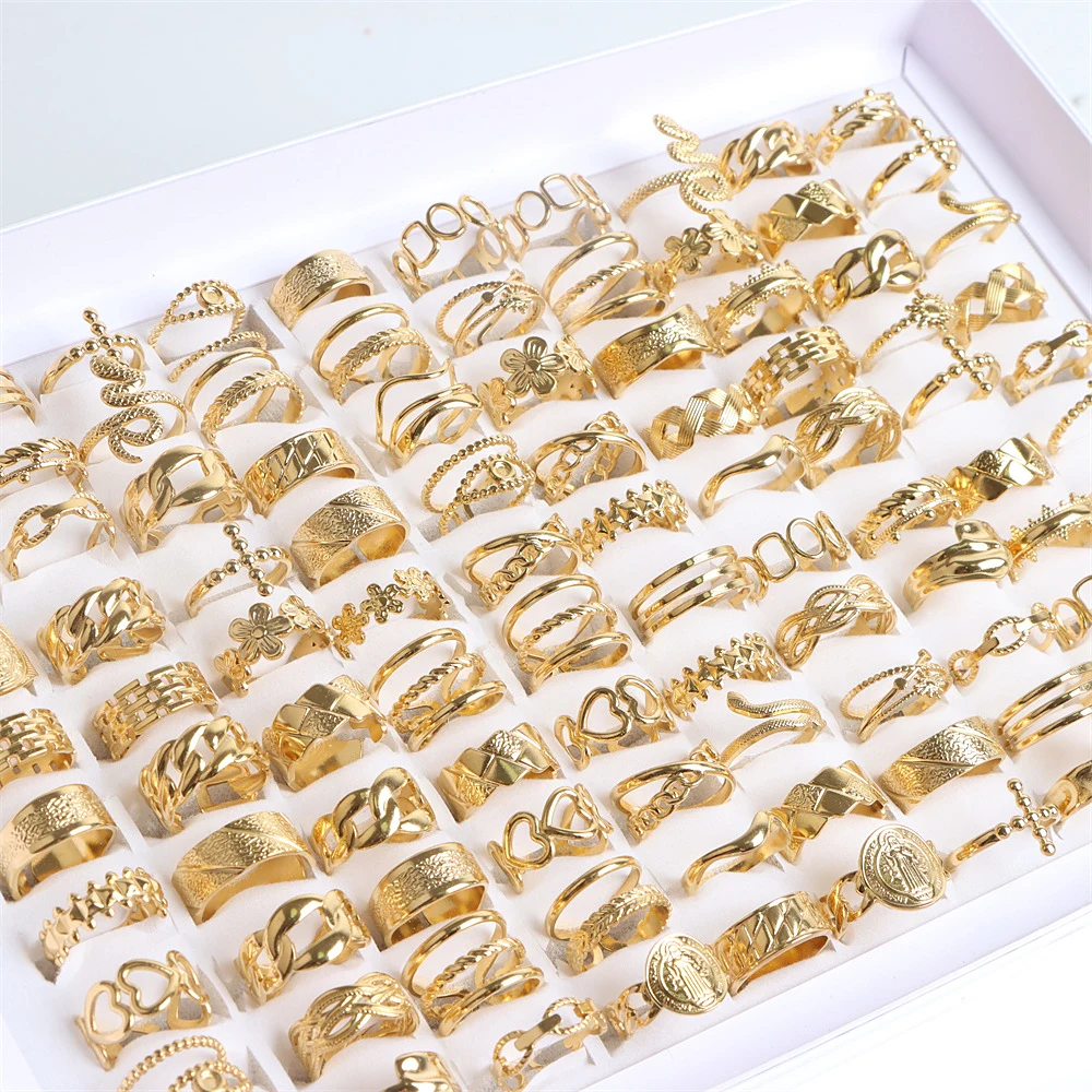 20pcs/lot Fashion Simple Stainless Steel Open Silver Gold Color Ring Jewelry For Women Men Mix Style
