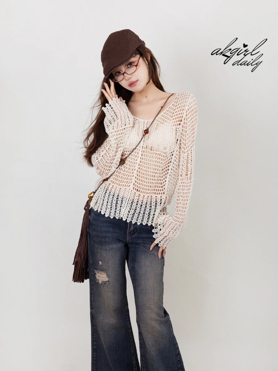 

Loose Women's Knitted Hollow out Me Top Casual Lazy Sle Korean Faion Long Sve round Ne Single Piece Autumn Winter