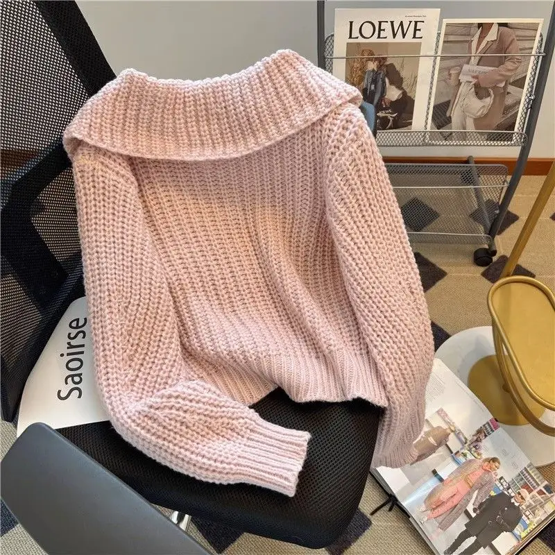 2024 Autumn/Winter Korean Edition New Sweet Doll Neck Short Sweater Women's Loose Knitted Cardigan