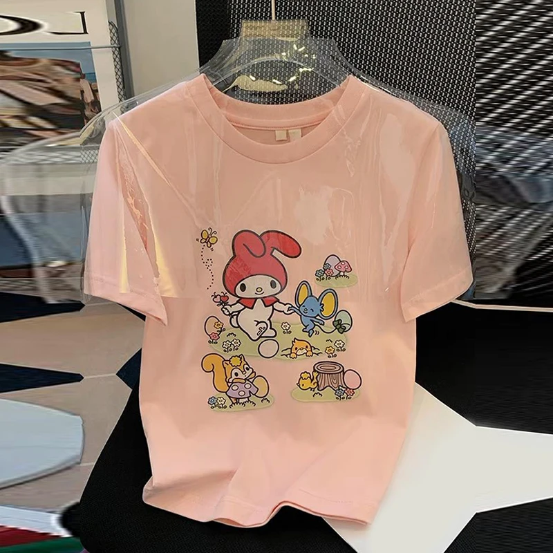 

Summer Melody Print Kawaii Cute Girl Pink Short Sleeve T-shirt Loose Preppy Style Oversize Soft Girl Versatile Aesthetic Clothes