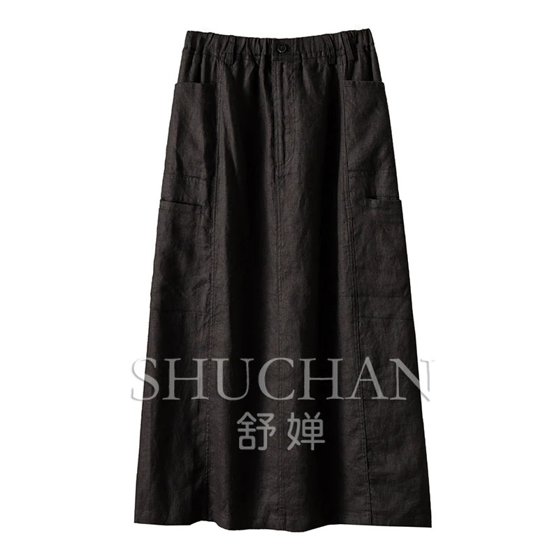 

High-quality Linen Loose, Elastic, High-waisted Split A-shaped Skirt, Women 48A4 Saia Jeans Plus Frete Grátis