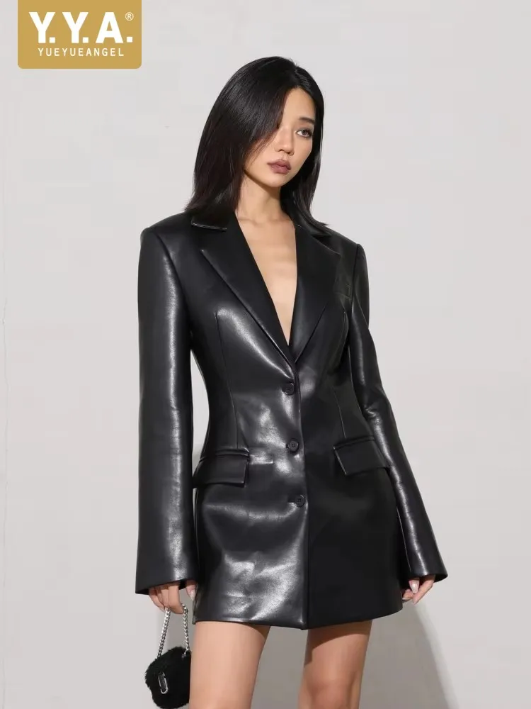 

Women Fashion British Style Slim Fit Leather Blazers Jacket Notched Collar Single Breasted Mid Long Coats Office Lady Outerwear