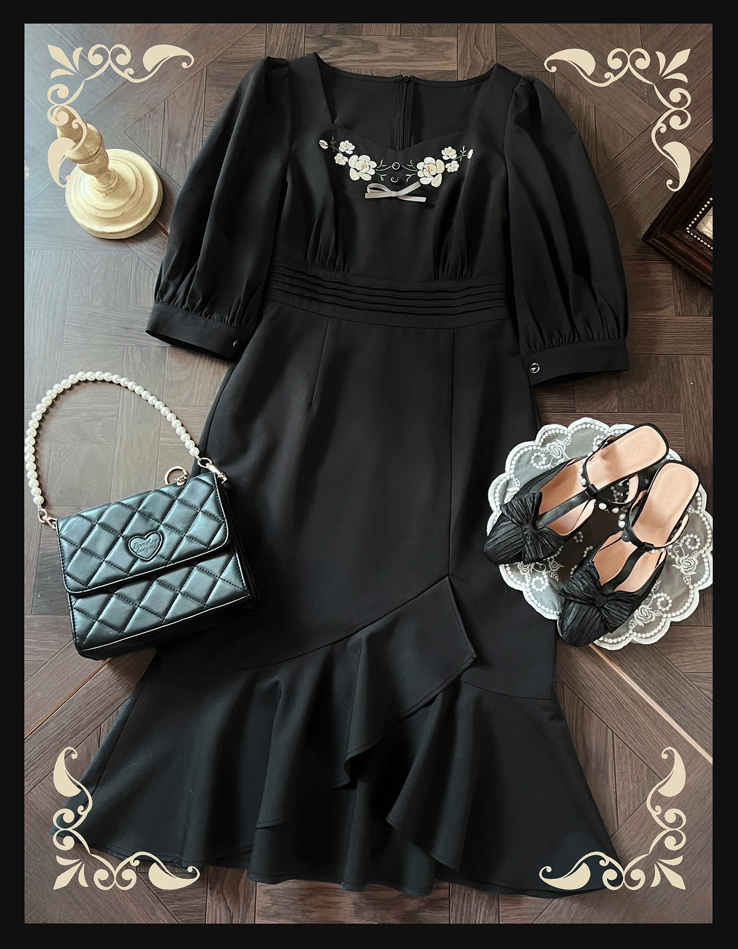 الفرنسية أنيقة خمر لوليتا فستان ساحة الرقبة المطرزة طويلة الأكمام عالية الخصر سليم صالح Bodycon ذيل السمكة فستان المرأة الخريف #5