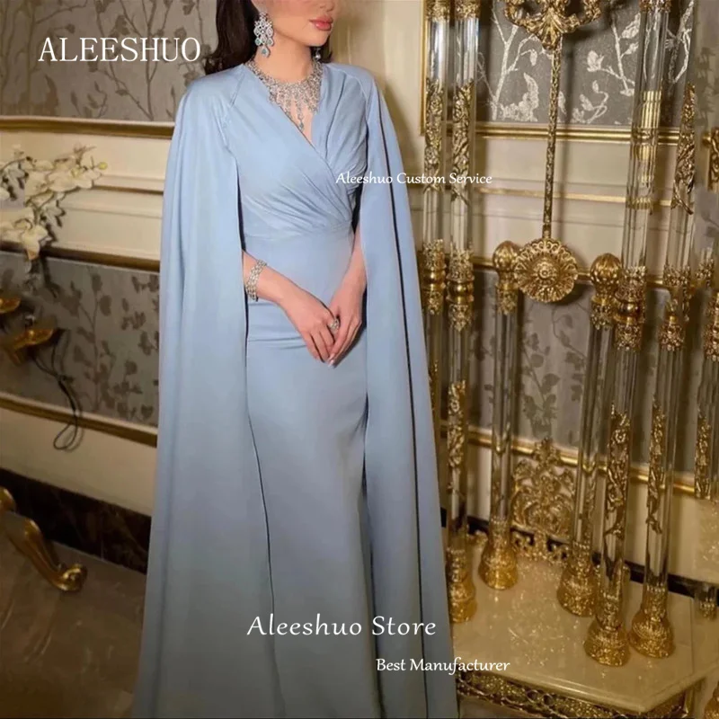 Aleeshuo Sky Blue Mermaid Prom Dress Party scollo a v manica lunga Cap abiti abiti pieghe Party Dress lunghezza del pavimento Saudi muslimart