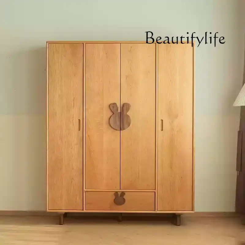 

All solid wood Nordic four-door wardrobe black walnut cherry wood small wardrobe children's room furniture