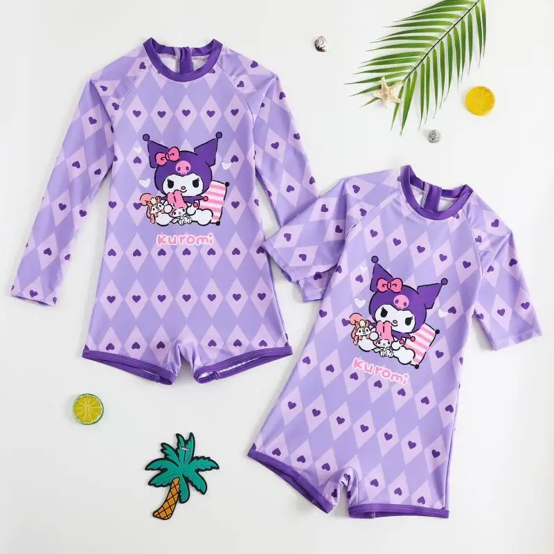 

Sanrios Girls Swimsuit Trendy Kuromi Cartoon Children Long Sleeve Flat Swimsuit Summer Vacation Swimsuit High Quality Comfort