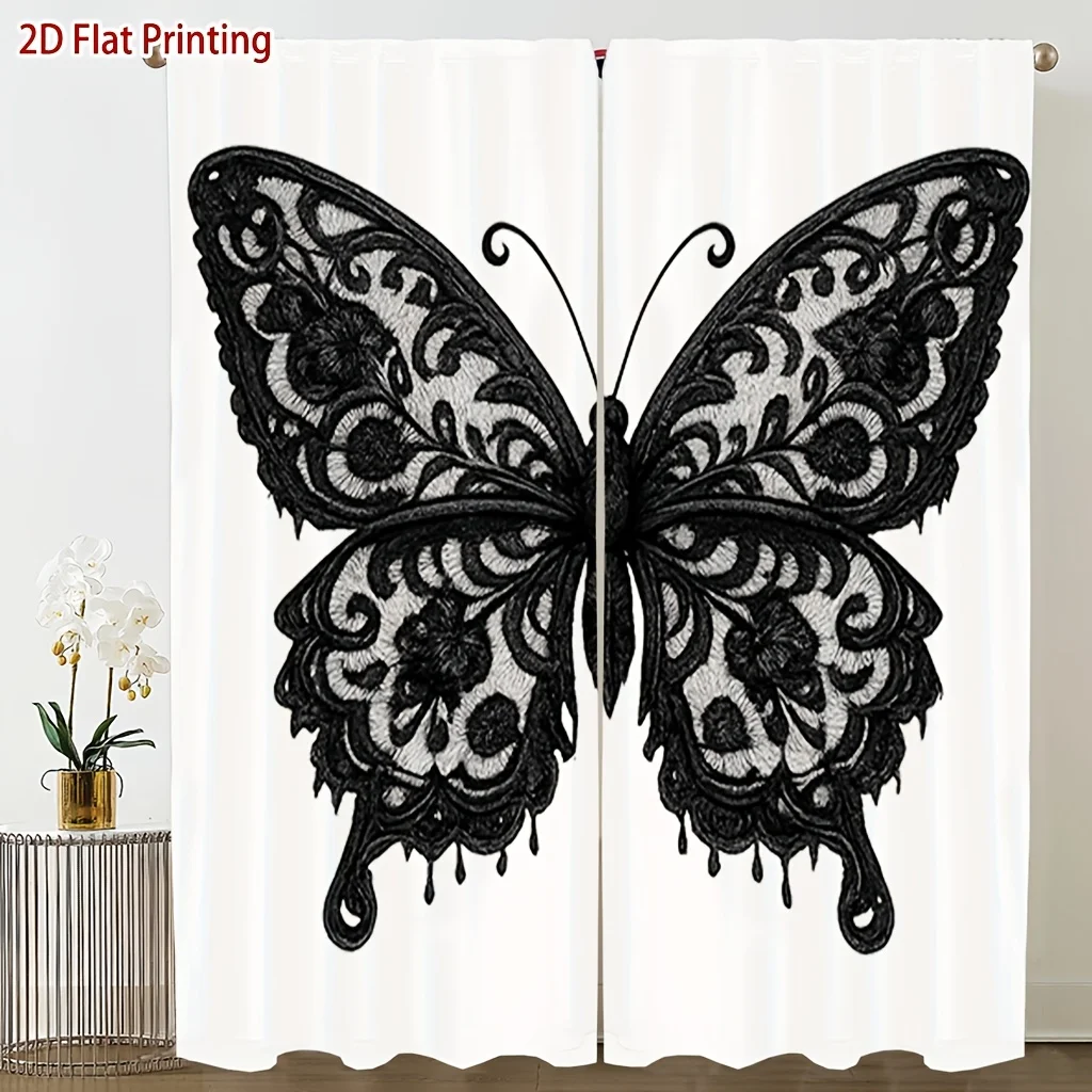 Vintage Carved Butterfly Rod Pocket Light Filtering Curtains 2 Panel Artistic Drapes for Living Room Bedroom Decor