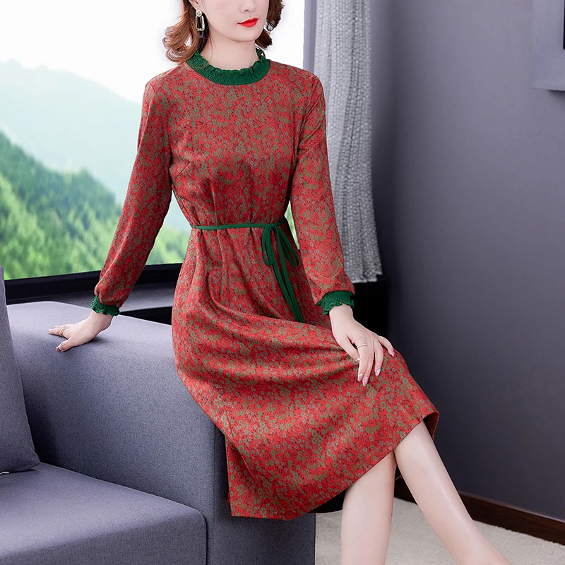 

2025 Autumn Floral Knitting Long Sleeve Midi Dress Vintage Winter Women Jacquard Dress Elegant Bodycon Party Evening Vestidos