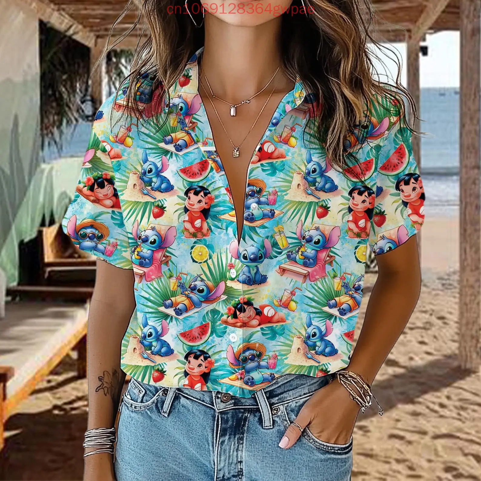 

Lilo Stitch Women's Hawaiian Shirt Fashion Short Sleeve Button Shirt Disney Summer Casual Beach Vacation Sun Protection Shirt