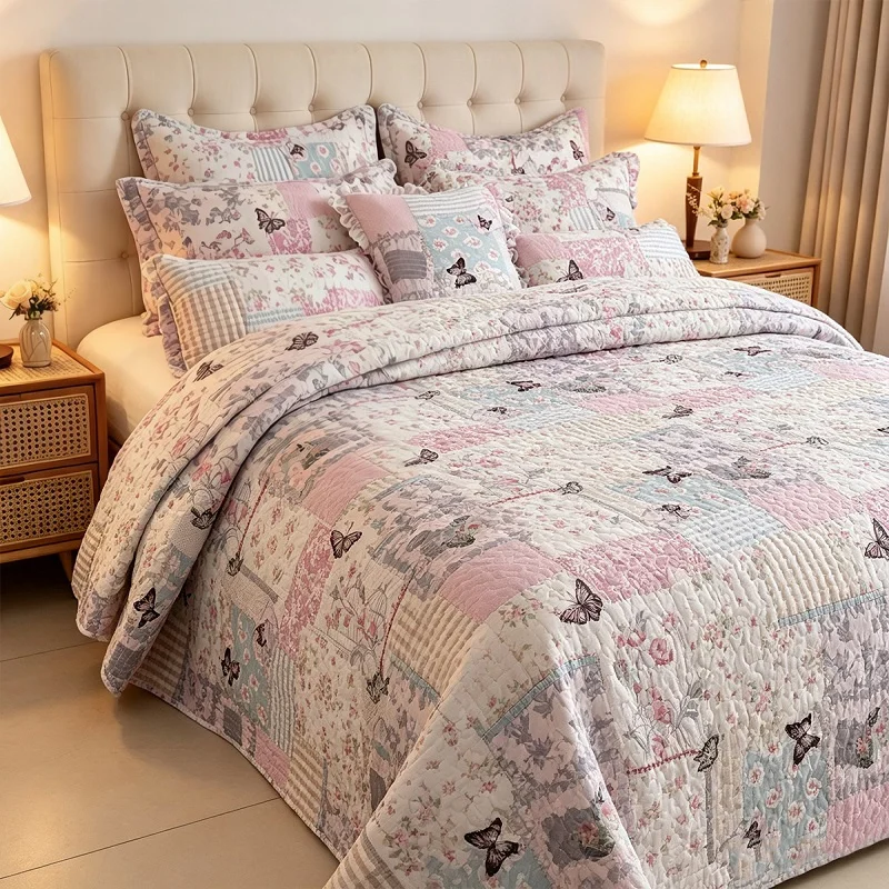 Padded Bedspread Set Quilted Bed Cover Twin Queen Quilt Pink Floral Polyester Coverlet Single Double Bed Non-slip Sheet Blanket