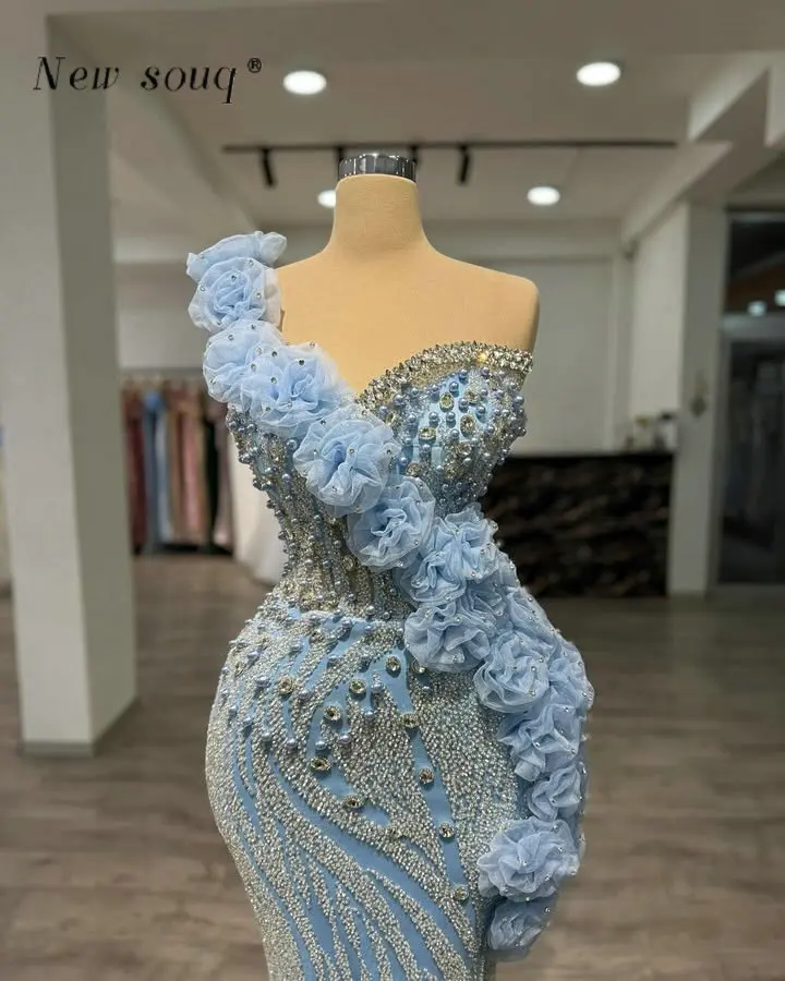 

Baby Blue 3D Flowers One Shoulder Evening Dresses Customized Arabic Crystals Pearls Long Mermaid Formal Gowns for Wedding Party