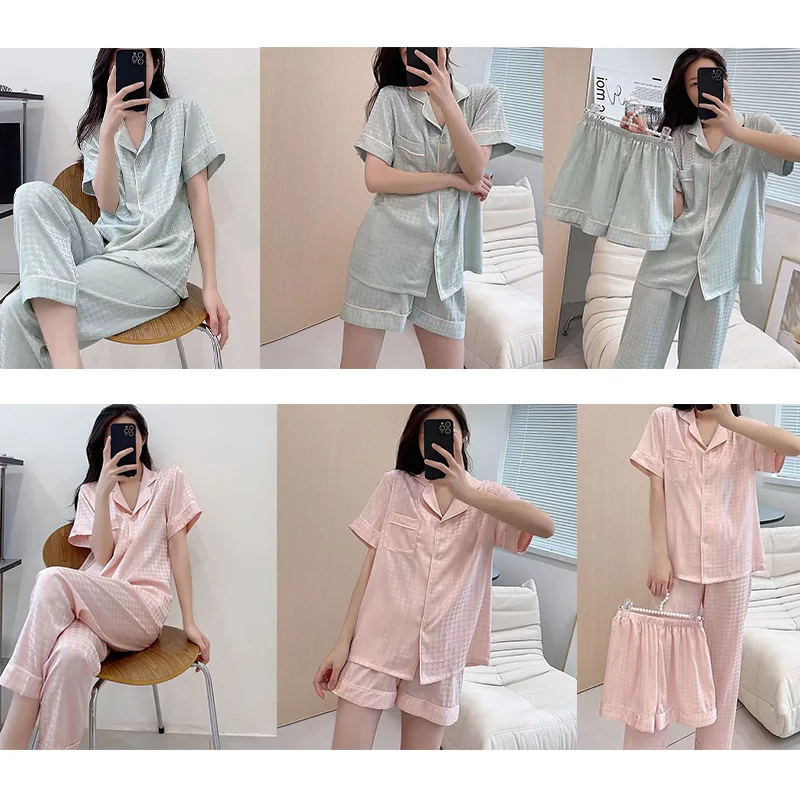 

Women's Pajamas Spring And Summer Short-sleeved Shorts Trousers Three-piece Set Of Bird Check Ice Silk Breathable Home Clothes