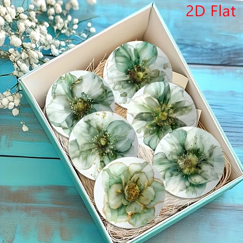 4Inch Elegant Green Floral 2D Wooden Coaster Heat Insulation Anti-Slip Desktop Protection Coffee Office Bar Home Decor Gift 6PCS