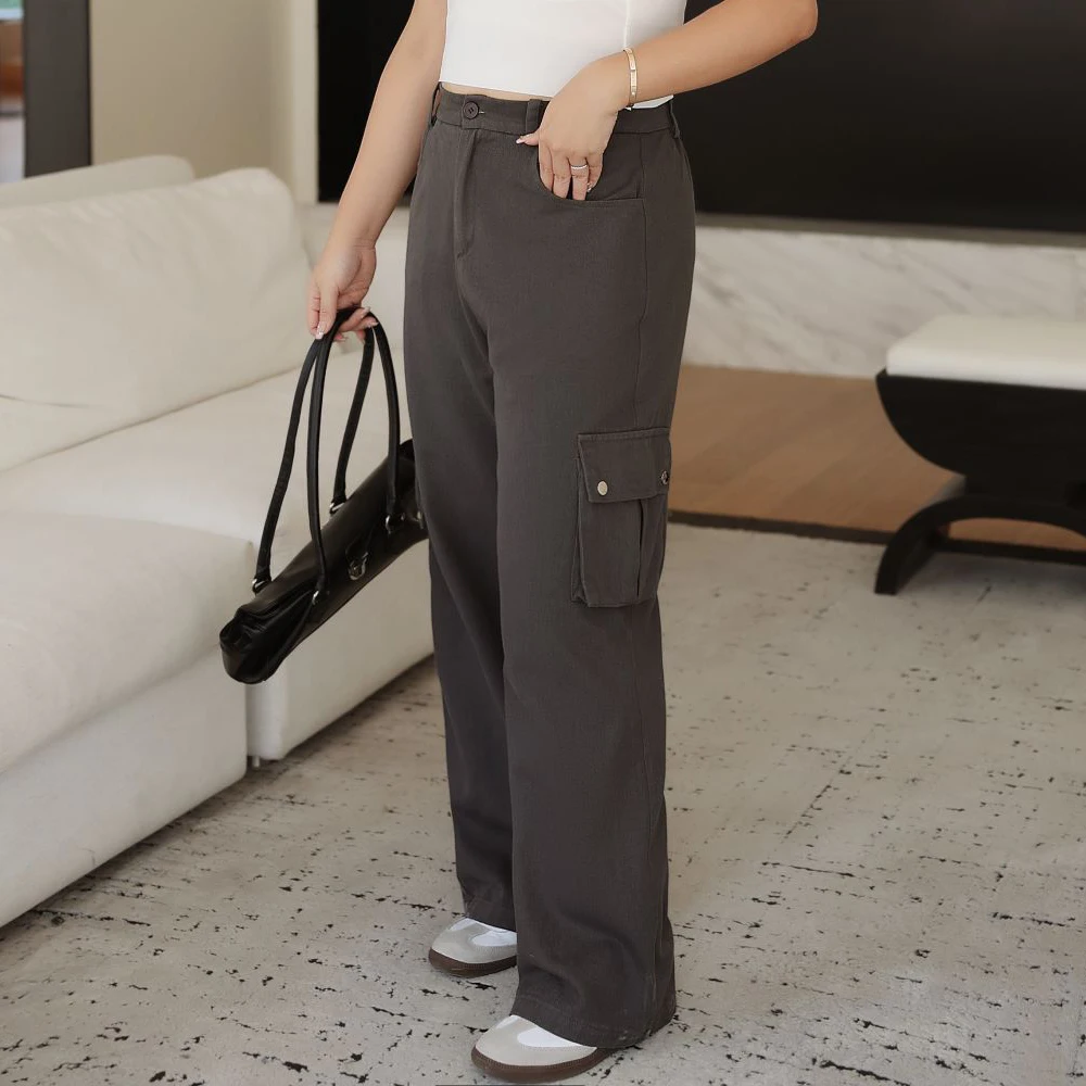 

High Waist Straight Leg Double Pocket Casual Cargo Pants Women Fall 2024 Good Quality XL XXL Washed Cotton Long Trousers 8766