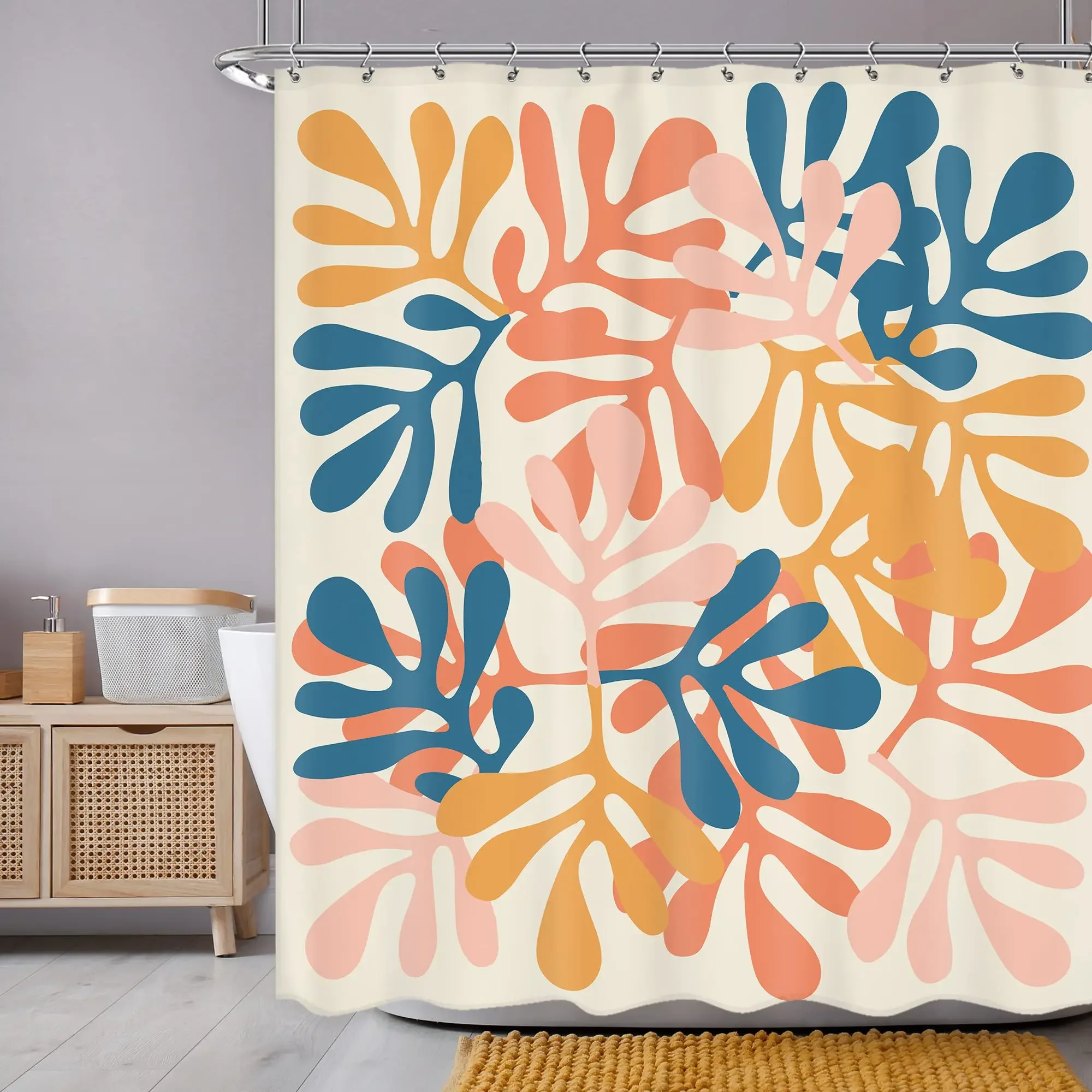 Colorful Abstract Shower Curtain Bohemian Matisse Flower Danish Pastel Flower Elegant Mid-Century Minimalist Bathroom Decoration