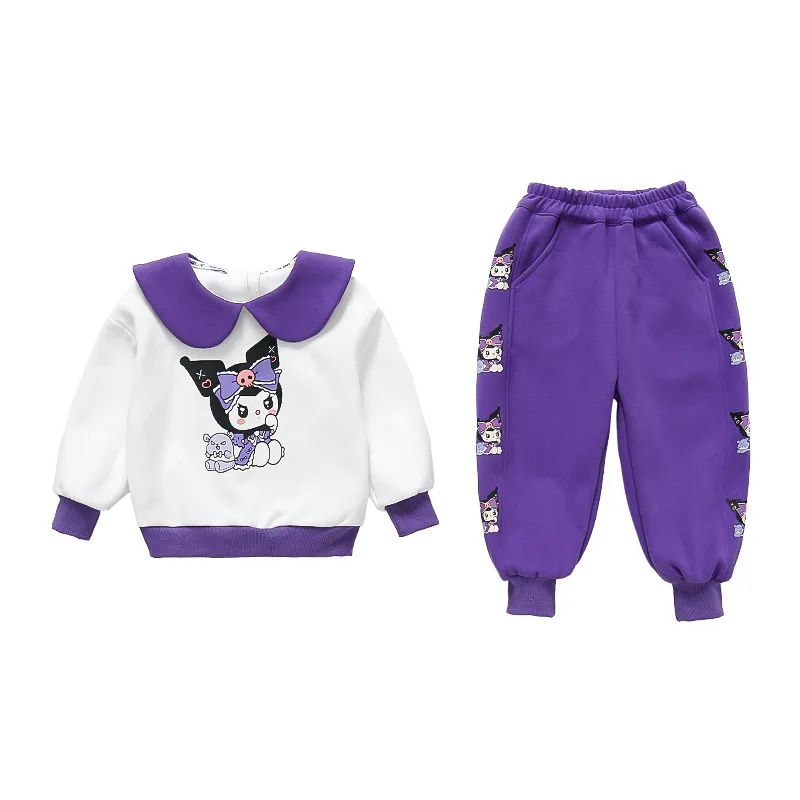 

2Pcs New Girls Autumn Kuromi Casual Clothes Sanrio Kawaii Anime Fashion Set Cartoon Cute Children Hoodie Sweatpants Gift for Kid