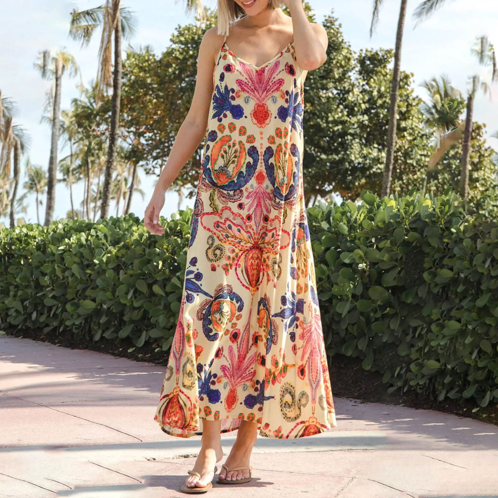 Women Summer Floral Boho Dress Sleeveless Spaghetti Strap V Neck Smocked Swing Long Dress Beach Vintage Cami Dress