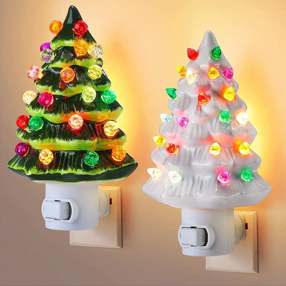 110V โคมไฟกลางคืนมือทาสี Nightlightต้นคริสต์มาส LED Night Light เซรามิคตกแต่ง Vintage สีเขียว Xmas Tree Wall Plug In