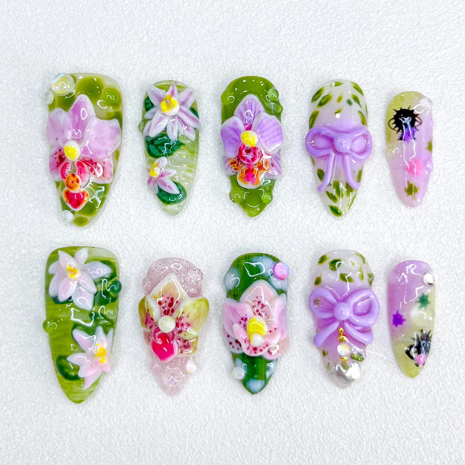 3D Relief Complex Heavy Industry Flower Series Exquisite Handmade Fake Nails Press on Nails 10pcs Mandarin Duck Series Nail Tips