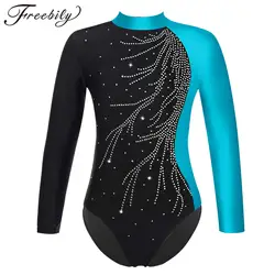 Teens Kids Long Sleeve Gymnastics Leotard for Girl Children Ballet Bodysuit Rhinestone Skating Dance Leotard Jumpsuit Dancewear