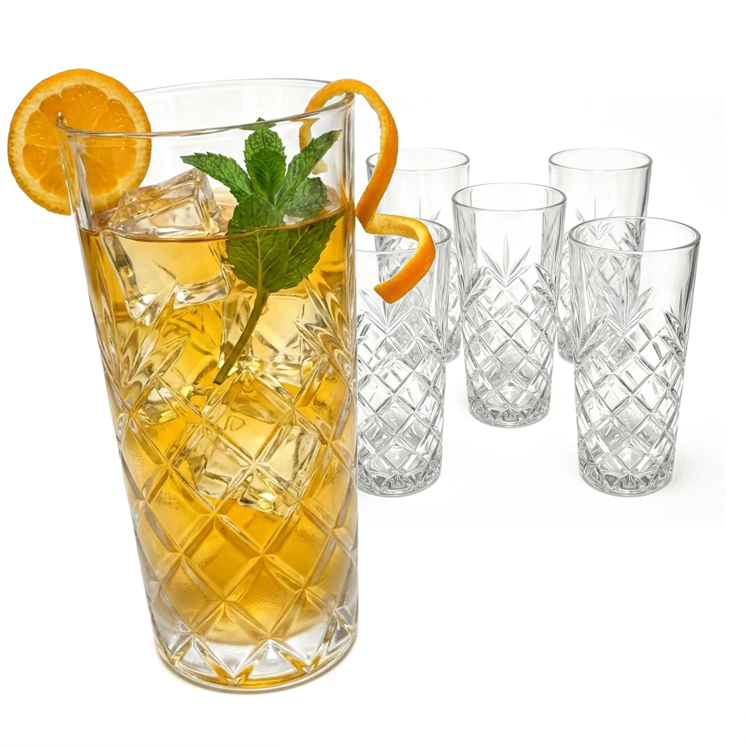 Set di 6 bicchieri da cocktail, bicchieri in vetro tagliato per cocktail e bevande analcoliche, trasparenti, lavabili in lavastoviglie, 10 oz, bicchieri highball, Relaxdays