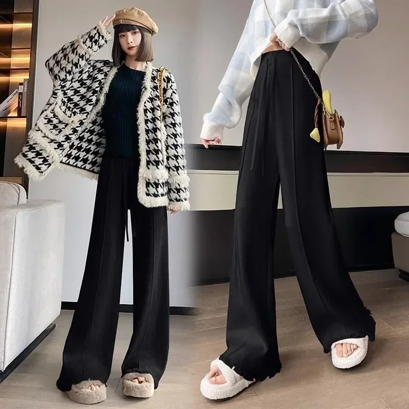 สไตล์เกาหลี Sweatpants ผู้หญิงฤดูใบไม้ร่วงฤดูหนาวใหม่แฟชั่นเอวสูงกางเกงสบายๆถักกางเกงตรง Y2k