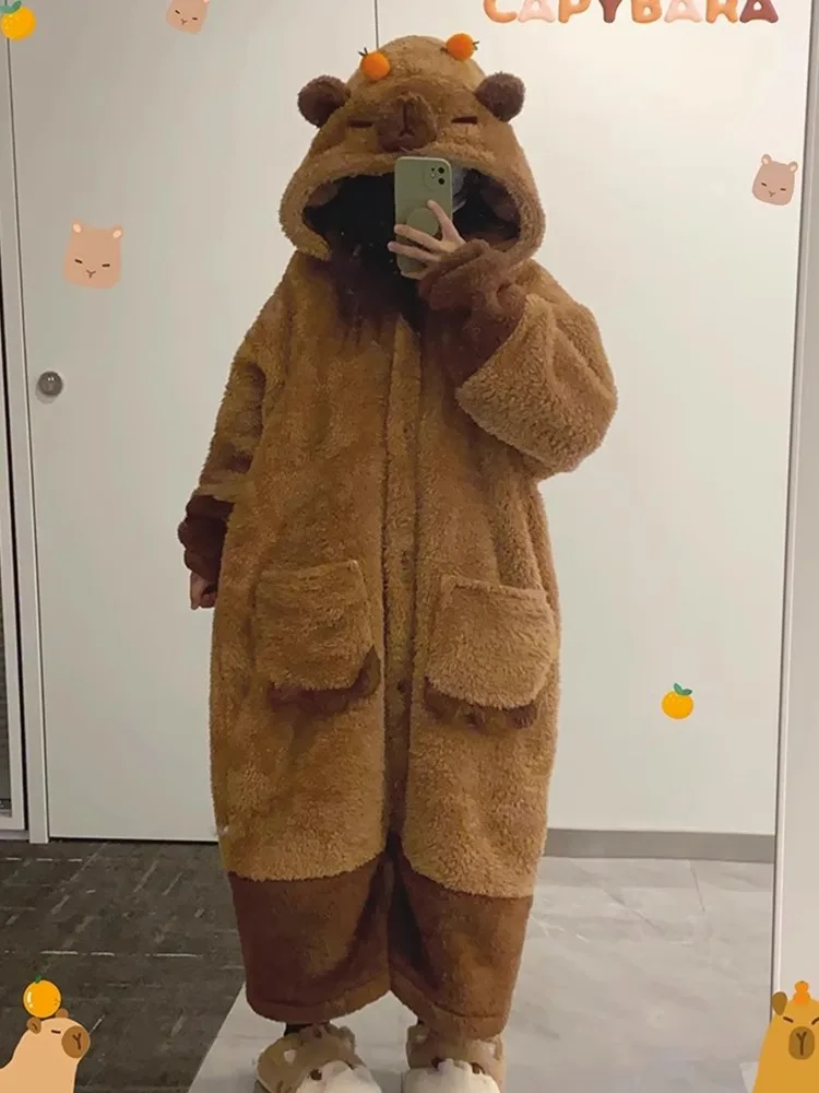 New Winter Soft  Kawaii Capybara Pajama Set Animal Jumpsuit Adults Anime Velvet Pajama Night Robe Cosplay Clothes Suit Girl Gift