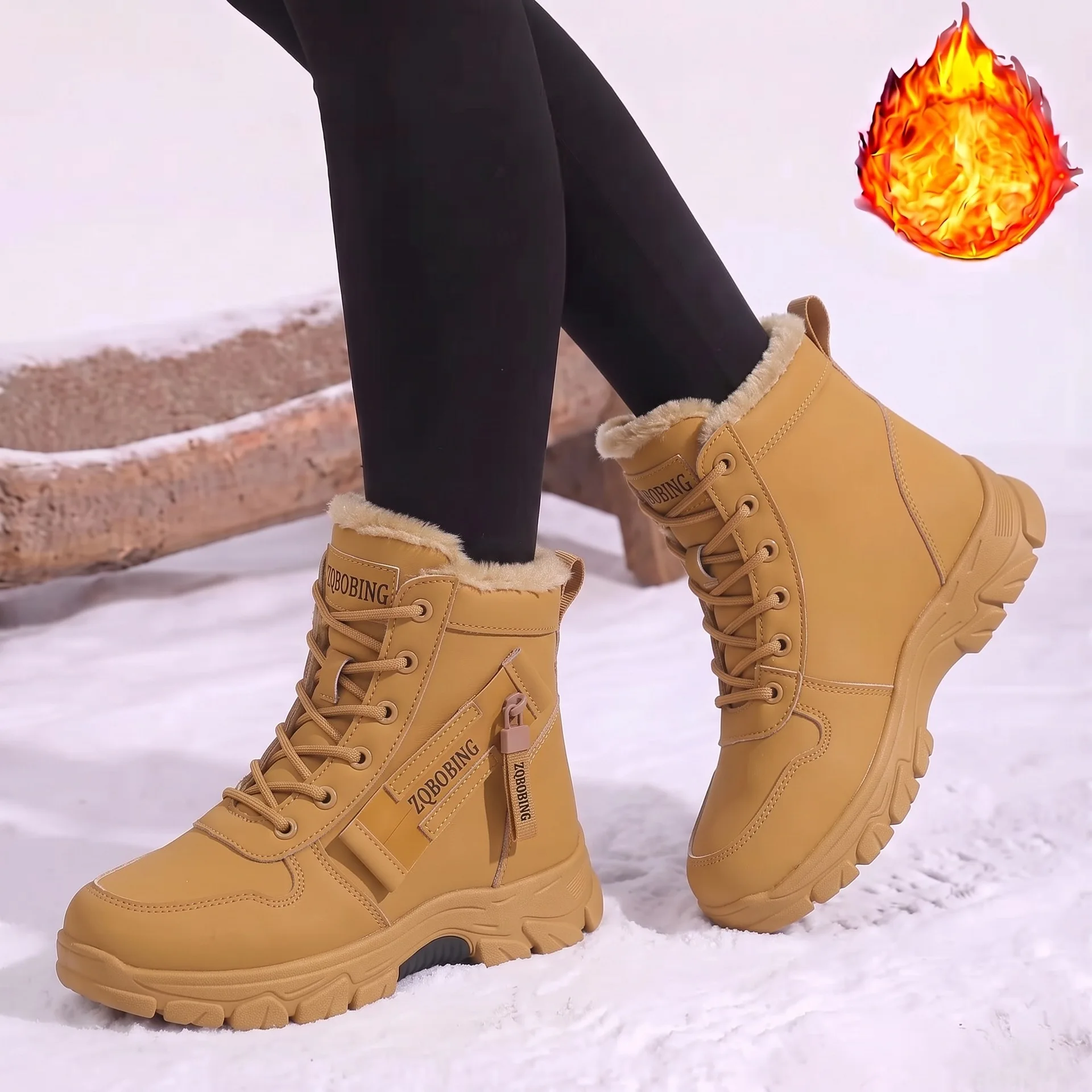 Men's Winter Snow Boots with Thick PU Sole & PVC Traction Lace-Up Booties for Ice Outdoor Snow Boots