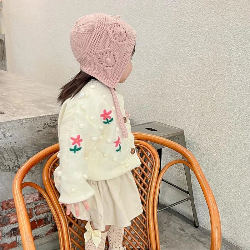 Sombrero bordado de flores para bebé, gorro de lana de punto para bebé, sombrero de corte de princesa para niños, otoño e invierno, 3-6-9 meses