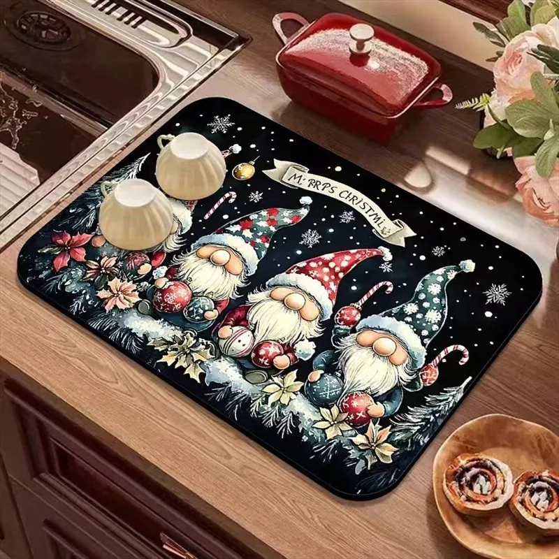 VIKAMA Diatomite Drying Mat Super Absorbent Fast Drying Non-Slip Kitchen Counter Christmas Gnome Snowflake Pine