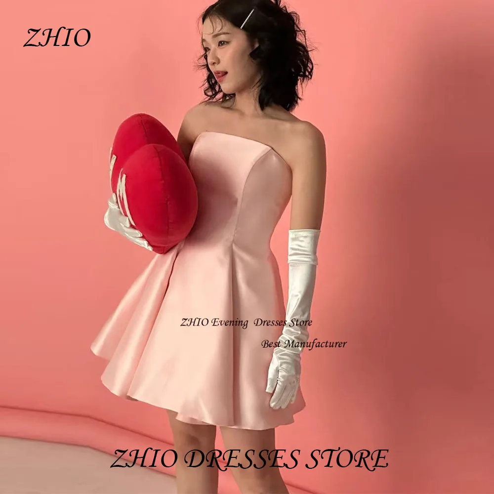

ZHIO Sexy Pink Satin Mini Length A Line Short Prom Cocktail Dress Photo Shoot Strapless Sleeveless Korean Prom Gowns with Pleat