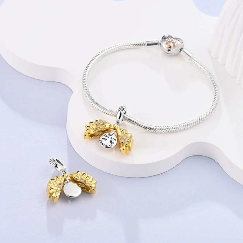 925 Sterling Silver Art Charms Van Gogh Sunflower Palette Gold Dangle Beads Pendant Fit Original Bracelet DIY Jewelry Women Gift