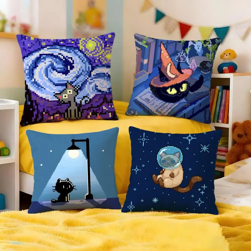 Retro Pixel Cat Cushion Cover Premium Soft Pillowcase Skin-Friendly Breathable Multi-Purpose for Home Office Travel