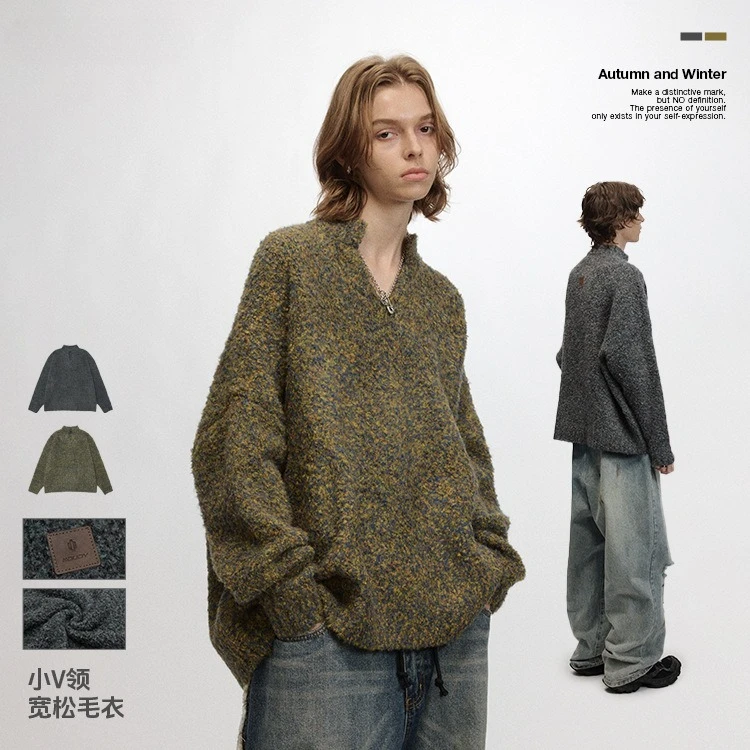 

Man Women Sweater Autumn Winter Knitted Sweater New Lazy Style Solid Color Minimalist Small V Neck Loose Knitwear