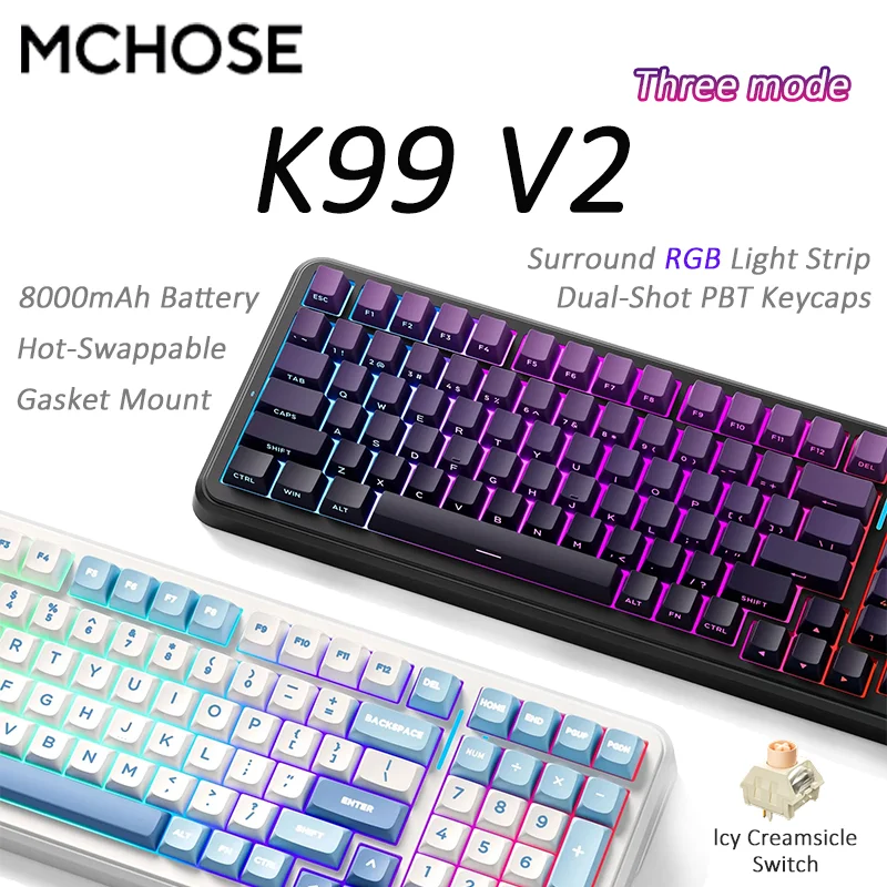

Беспроводная механическая клавиатура MCHOSE K99 V2 с креплением Gasket, три режима подключения, настраиваемая, для игр и офиса, объемное RGB-освещение, 8000 мАч, с возможностью горячей замены переключателей