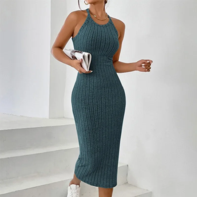 فستان نسائي بدون أكمام برقبة دائرية وحمالات رفيعة، فستان محبوك مضلع طويل وضيق للرياضة والاستخدام اليومي