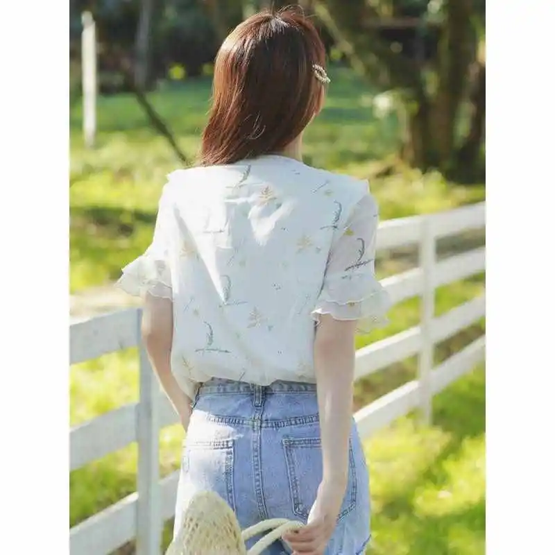 

Floral Chiffon irt Women's Summer Faion Foreign Sle Straight Cut Knot Ry Cotton ort Sve V-Ne Warmth