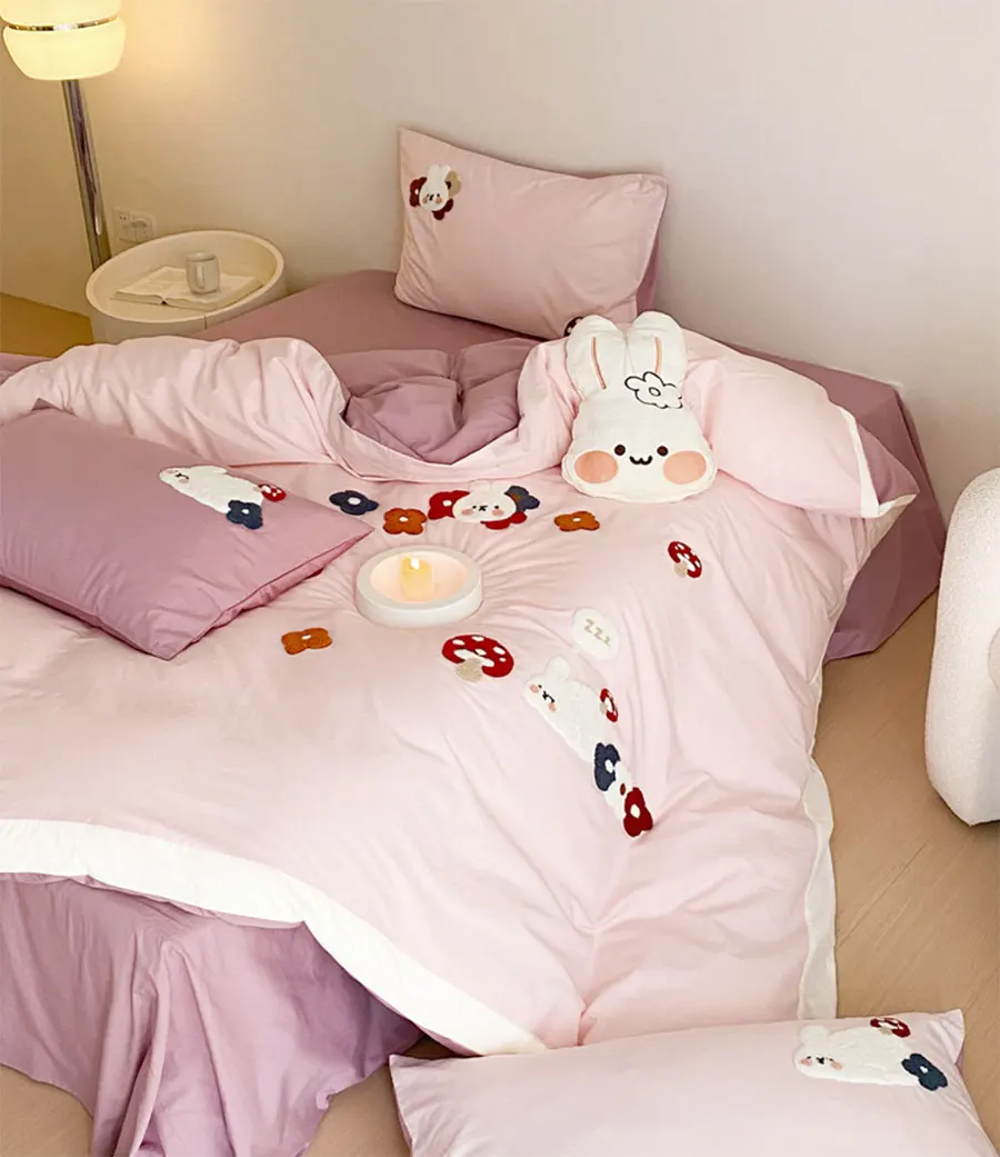 Cute cartoon rabbit koala pink beding set kid teen,kawaii twin full queen cotton home textile flat sheet pillow case duvet cover