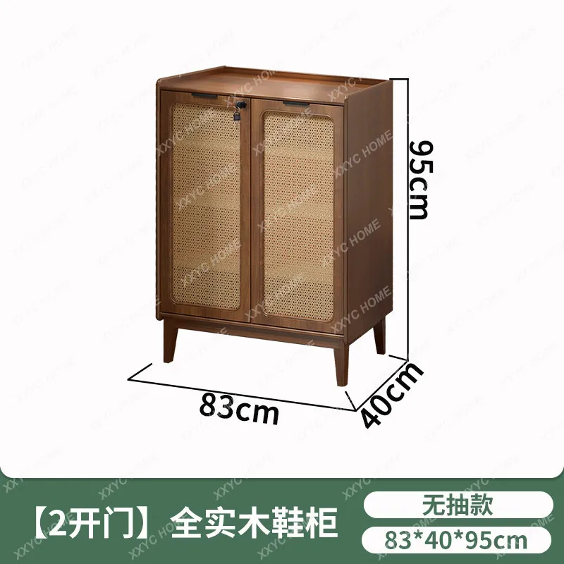 Small apartment pure solid wood door shoe cabinet multi-functional with lock entrance rattan storage integrated against the wall