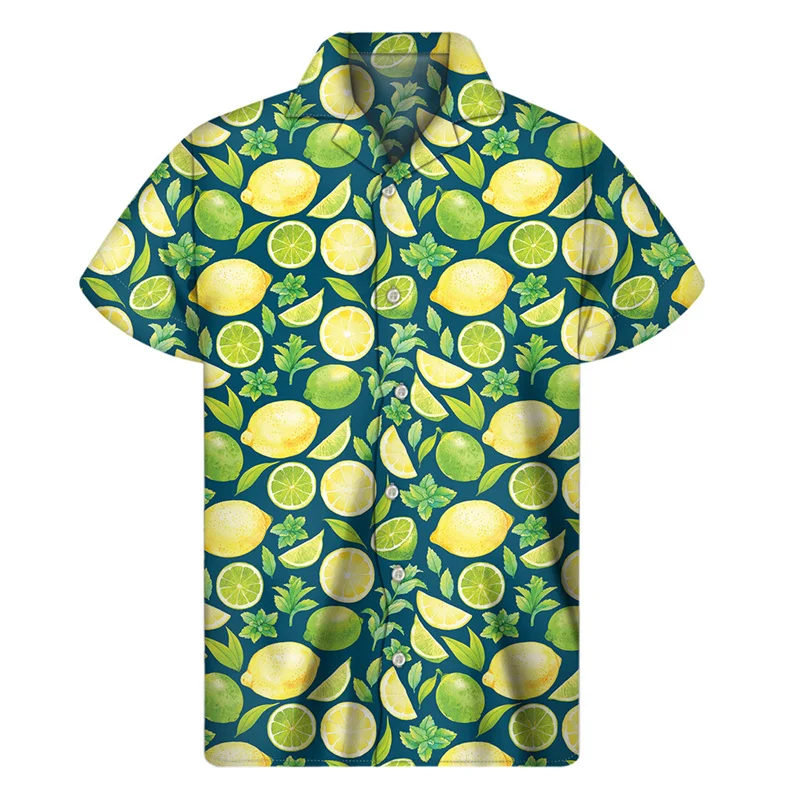 Camisa con estampado 3d de limón para hombre, blusa Hawaiana de manga corta con solapa, estampado de plantas tropicales, botón Aloha, vacaciones de verano