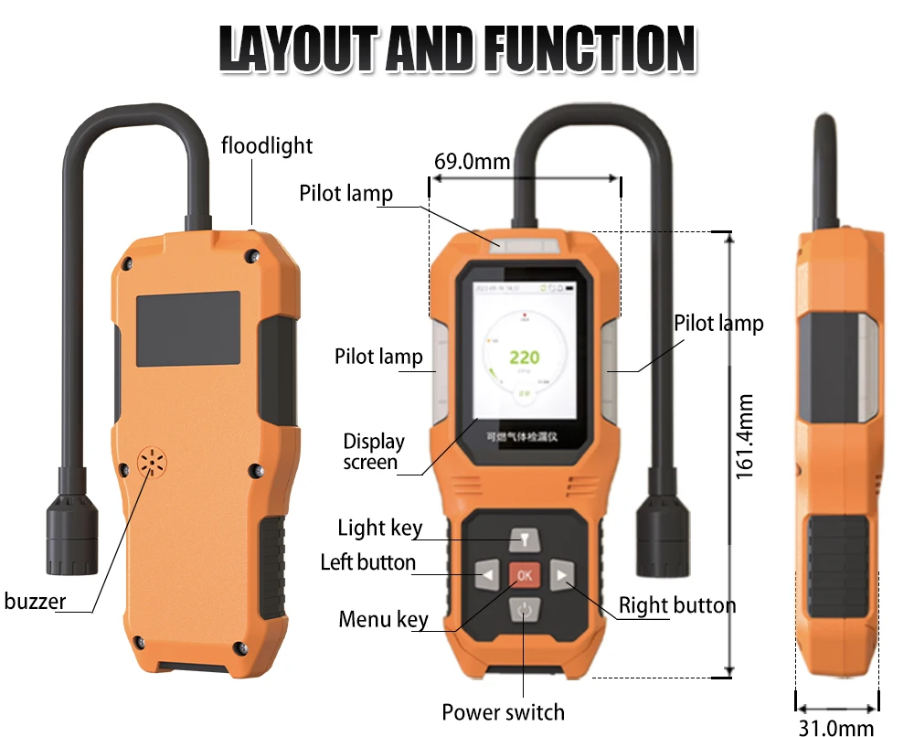 Analisador de gás AIKESI JLY-CP100 com detector de gás combustível portátil automotivo inteligente localização de vazamento de gás alarme de som e luz