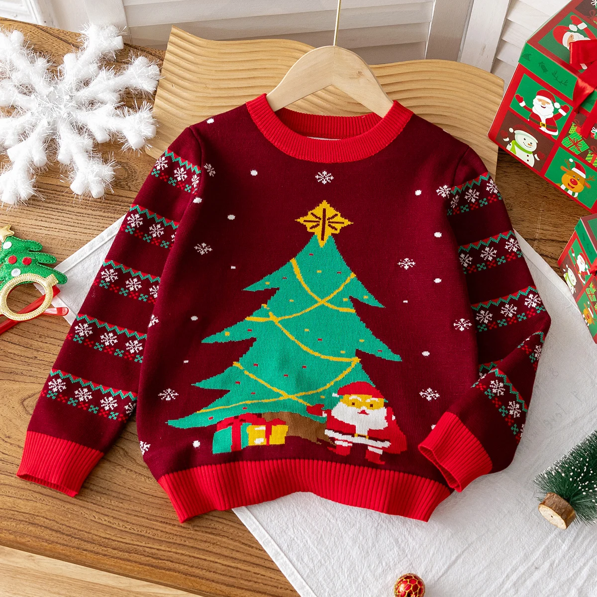 Cute Christmas Tree Pattern Sweater for Boys and Girls, Knitted Pullover Suitable for Christmas Parties in Spring, Autumn