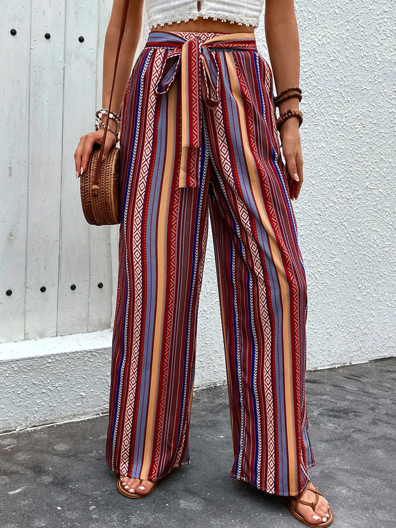 

2025 New Printed Pants High Waist Elastic Wide Leg Pants
